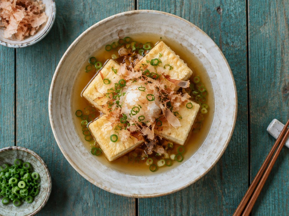Overhead photo of Agedashi Tofu with Warm Dashi Broth & Daikon