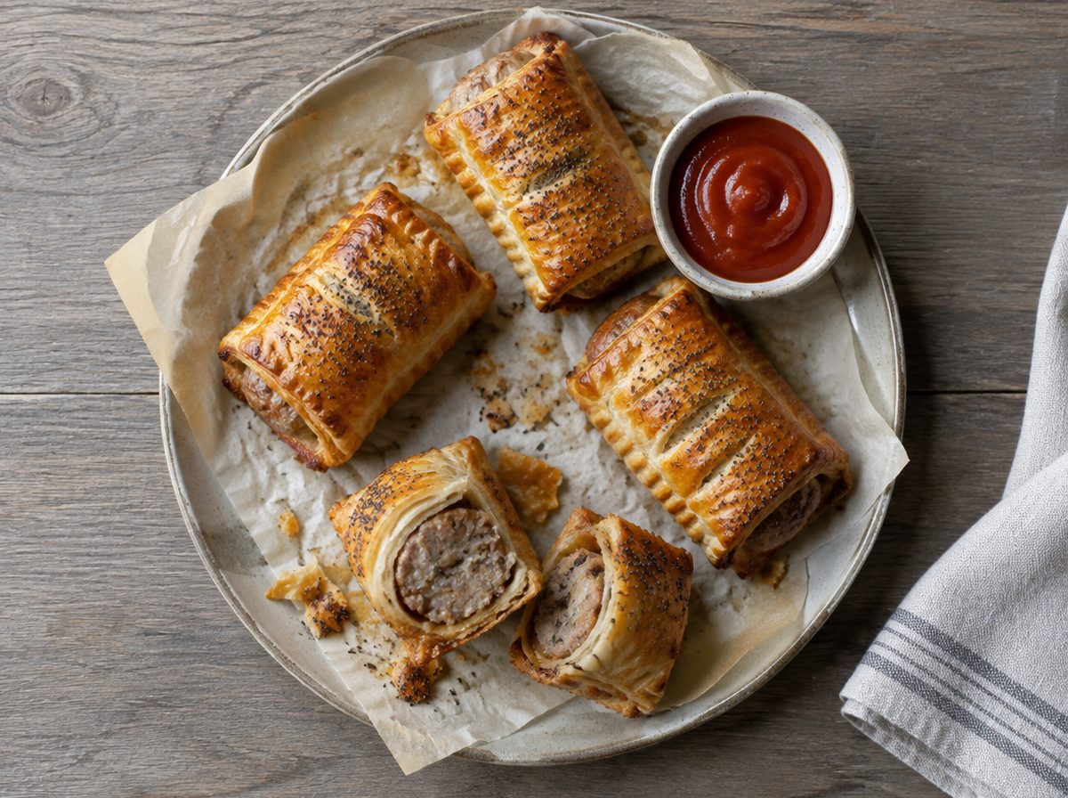 Overhead photo of Bakery Sausage Rolls with Fennel & Tomato Sauce