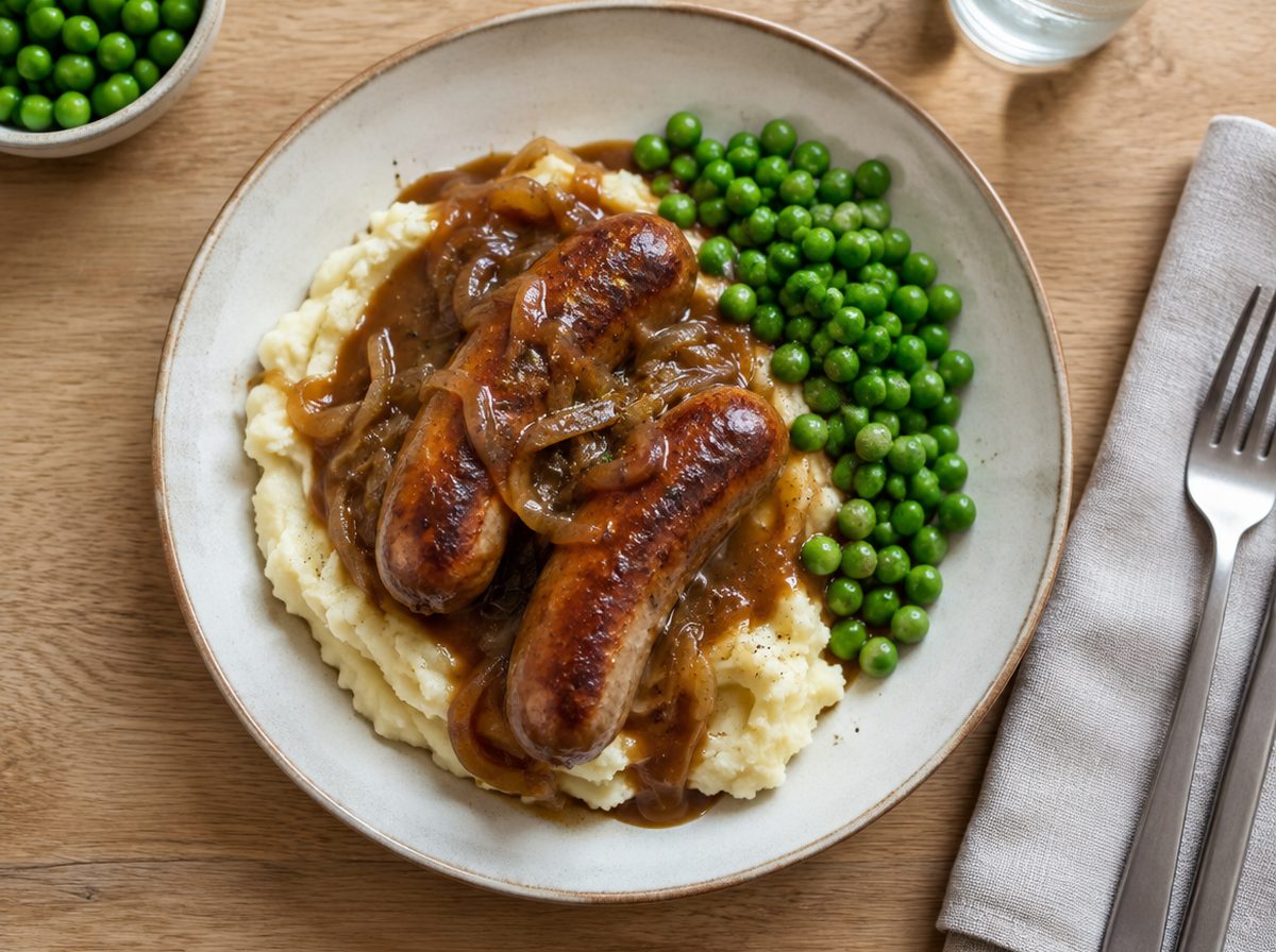 Overhead photo of Pub Bangers & Onion Mash with Creamy Mash & Onion Gravy