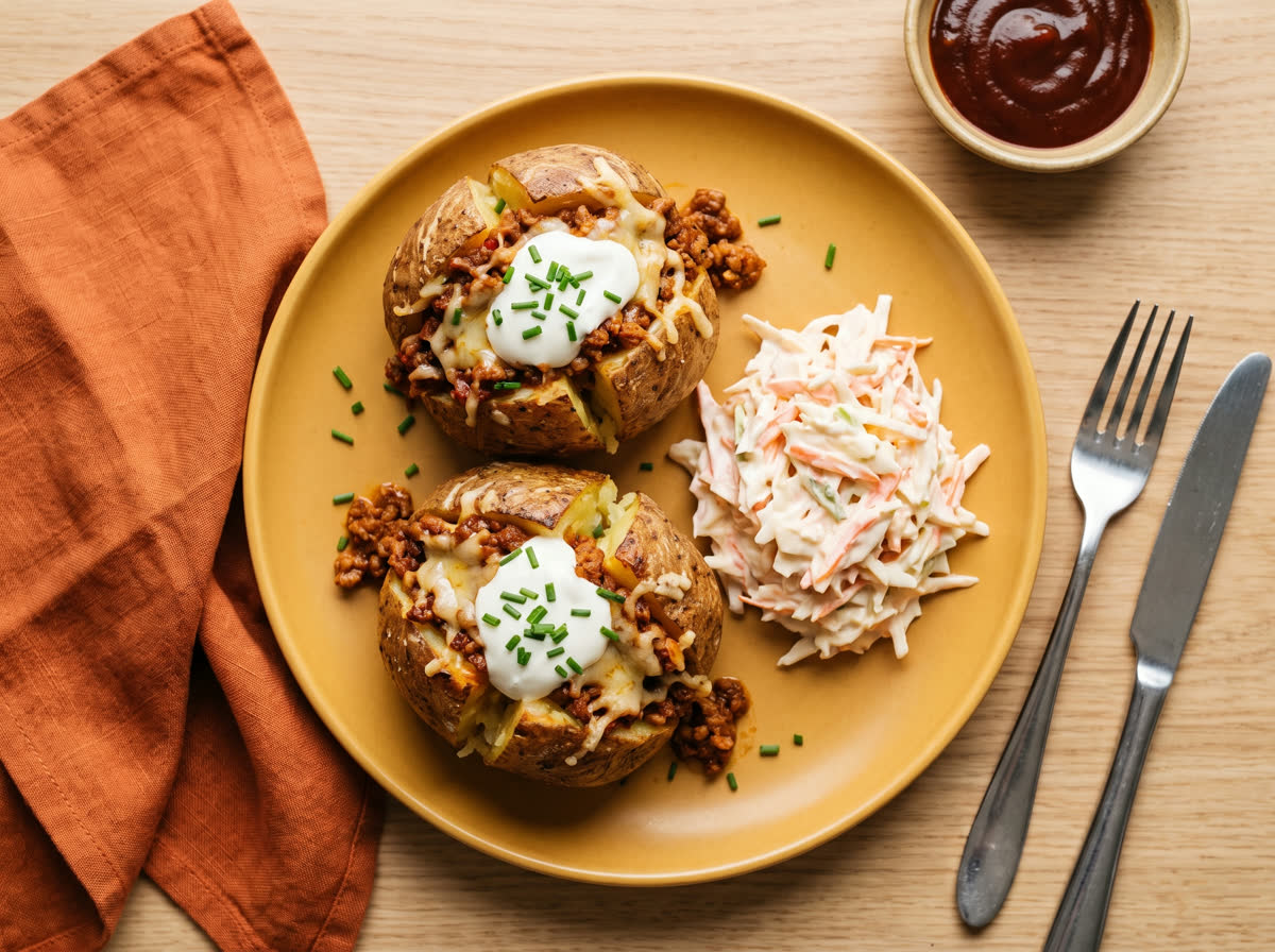 Overhead photo of baked jacket potatoes topped with BBQ pork mince, yoghurt and slaw