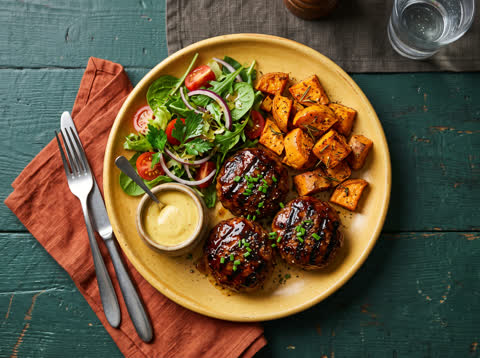 Beef rissoles with sticky BBQ sauce