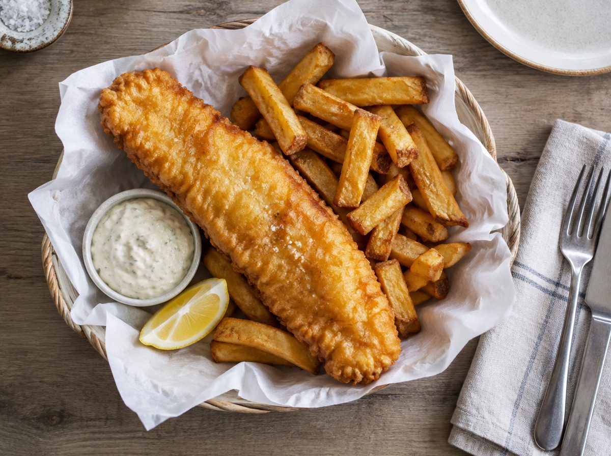 Overhead photo of Beer-Battered Fish & Chips with Chunky Chips & Lemon