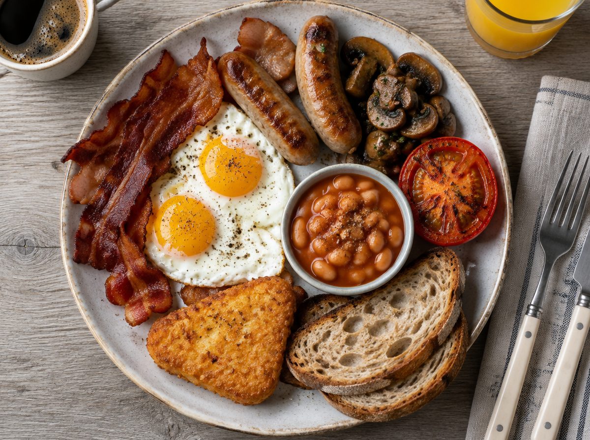 Overhead photo of Big Breakfast with Bacon, Sausages, Eggs & Hash Browns