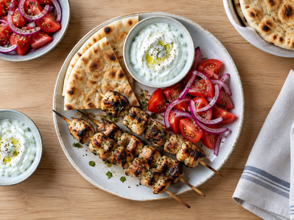 Overhead photo of Charred Chicken Souvlaki with Pita, Tomato & Tzatziki