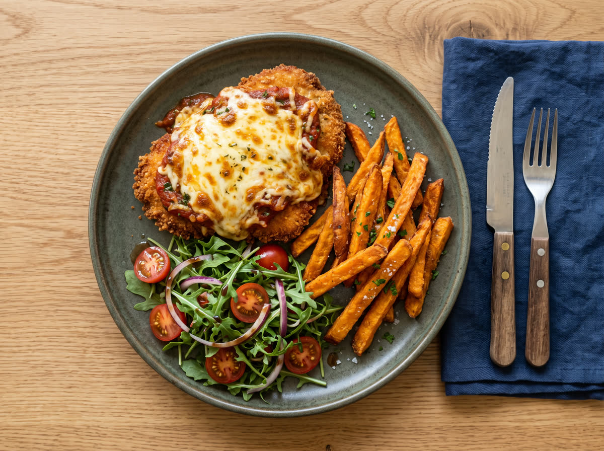 Overhead photo of chicken parmigiana with melted mozzarella, sweet potato fries and a garden salad