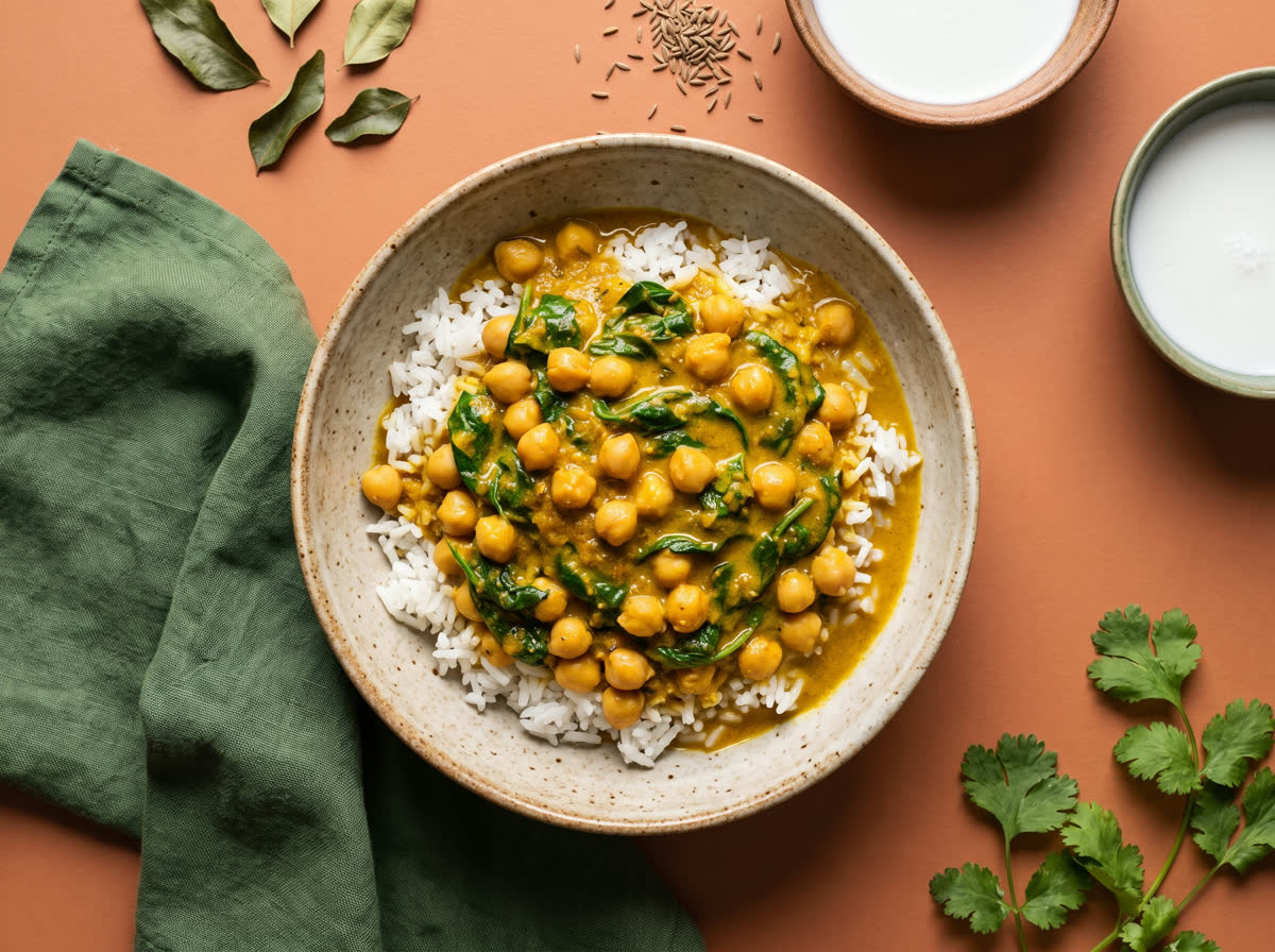 Overhead photo of chickpea and spinach curry over rice