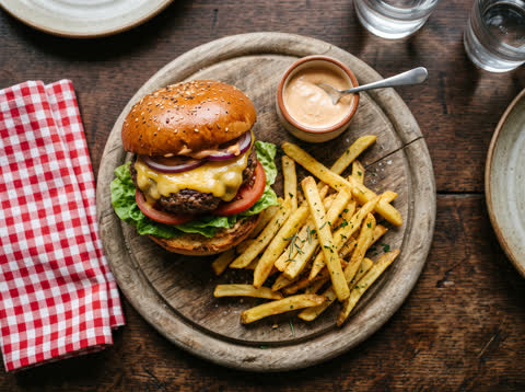 Classic beef burger with cheddar and herby fries