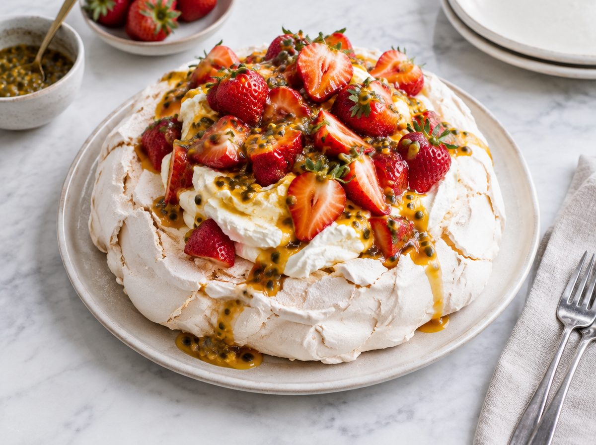 Photo of Classic Pavlova with Cream, Strawberries & Passionfruit
