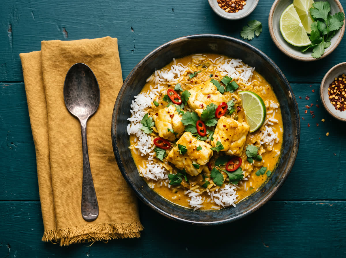 Overhead photo of coconut fish curry with rice, coriander and lime