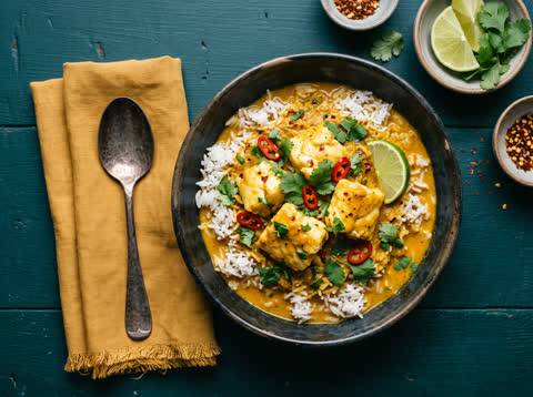Coconut fish curry with rice