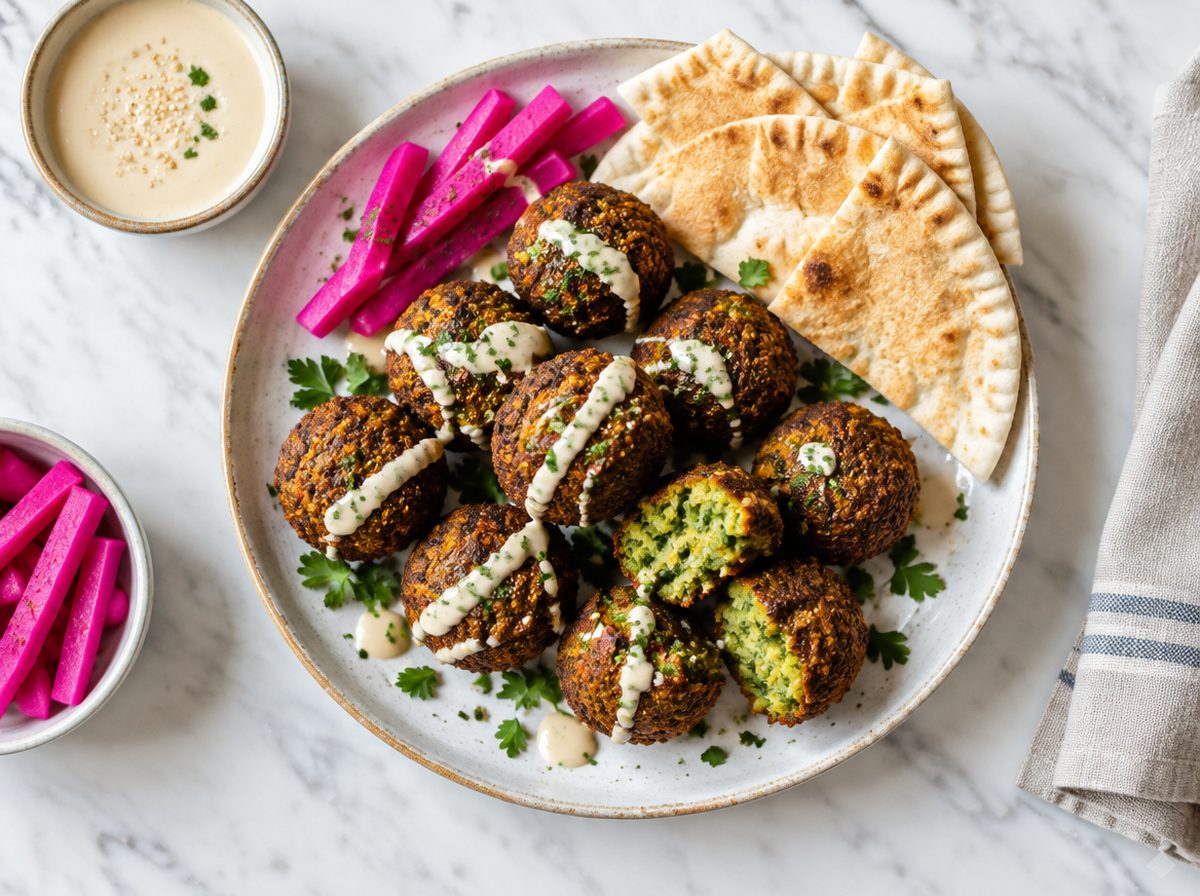 Overhead photo of Crispy Falafel with Tahini, Pickles & Pita