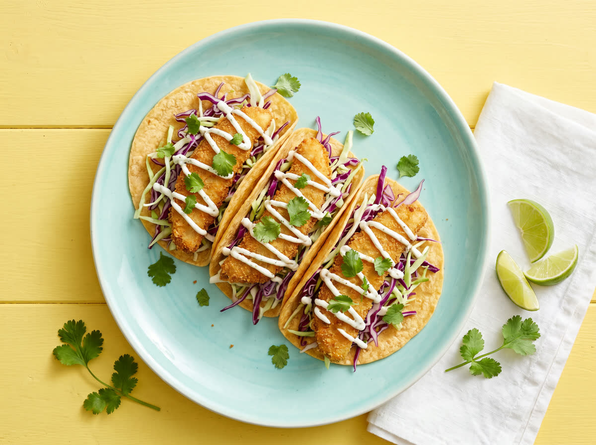 Overhead photo of crispy fish tacos with lime slaw and lime crema