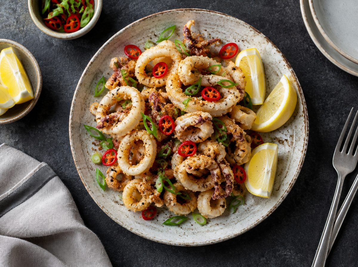 Overhead photo of Crispy Salt & Pepper Squid with Chilli, Spring Onion & Lemon