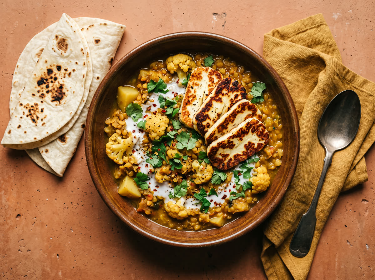 Overhead photo of curried cauliflower, potato and lentils with seared haloumi and warm tortillas