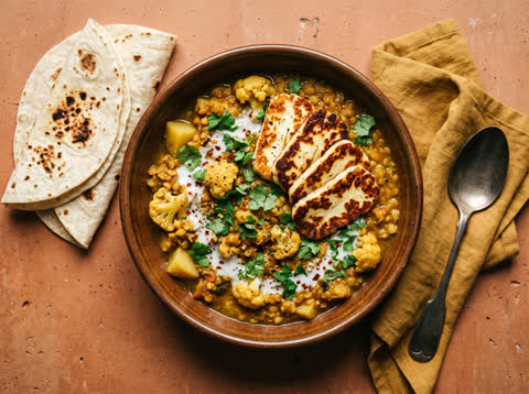 Curried cauliflower, lentil and haloumi bowl with tortillas