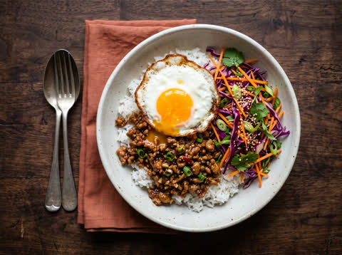 Ginger pork rice bowl with fried egg and crunchy slaw