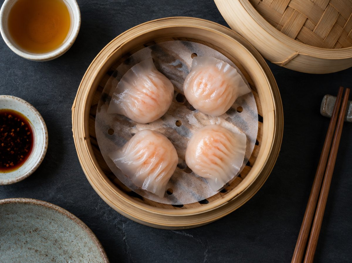 Overhead photo of Har Gow with Prawn & Bamboo Shoot Filling