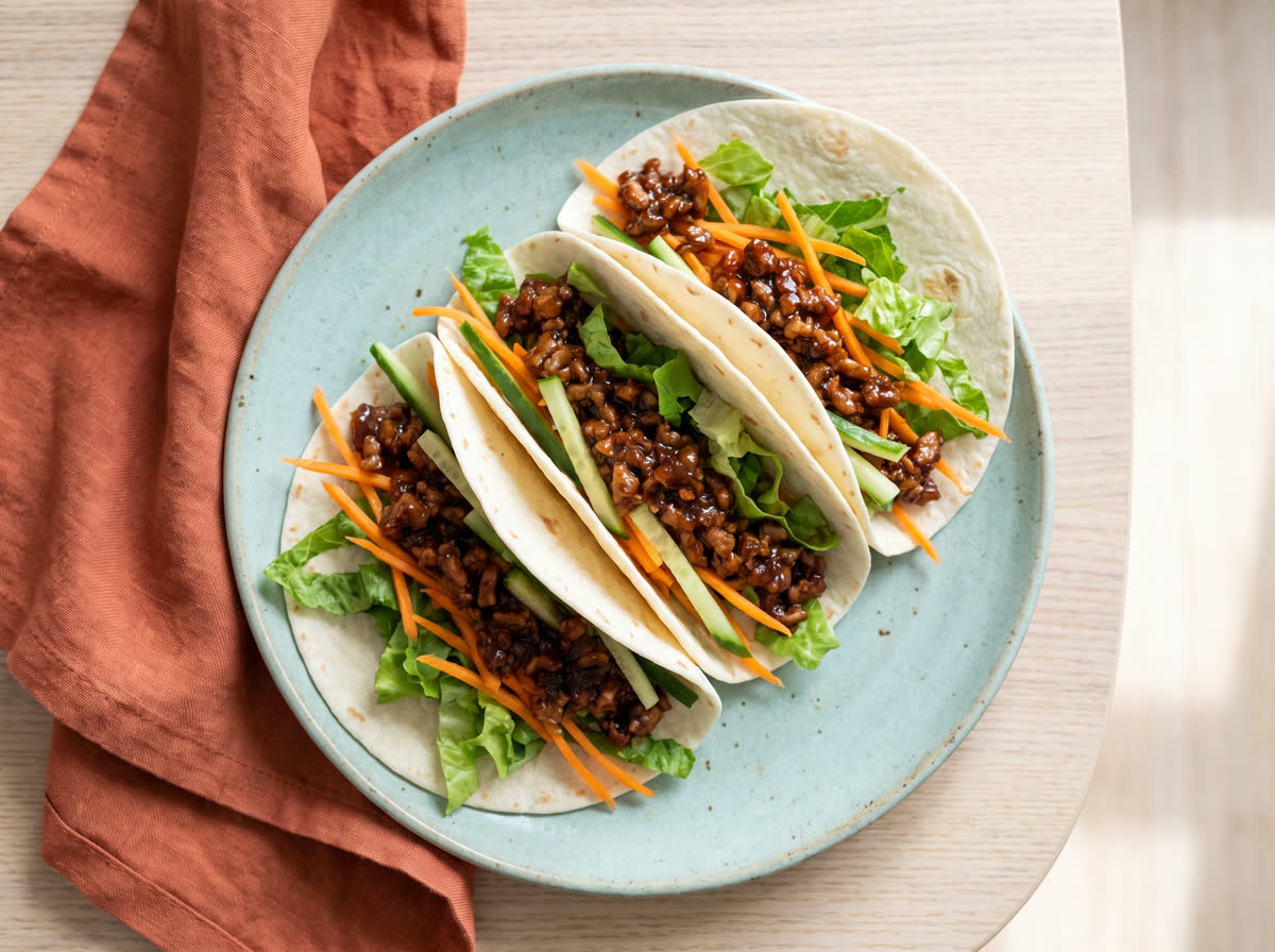 Overhead photo of hoisin pork tacos with carrot, cucumber and mixed leaves