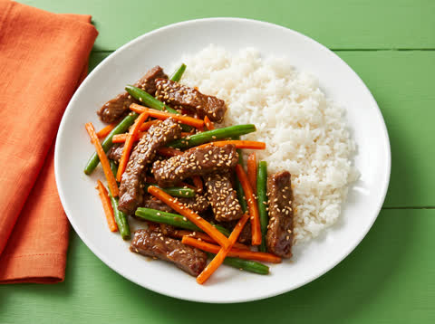 Honey-soy sesame beef stir-fry with garlic rice