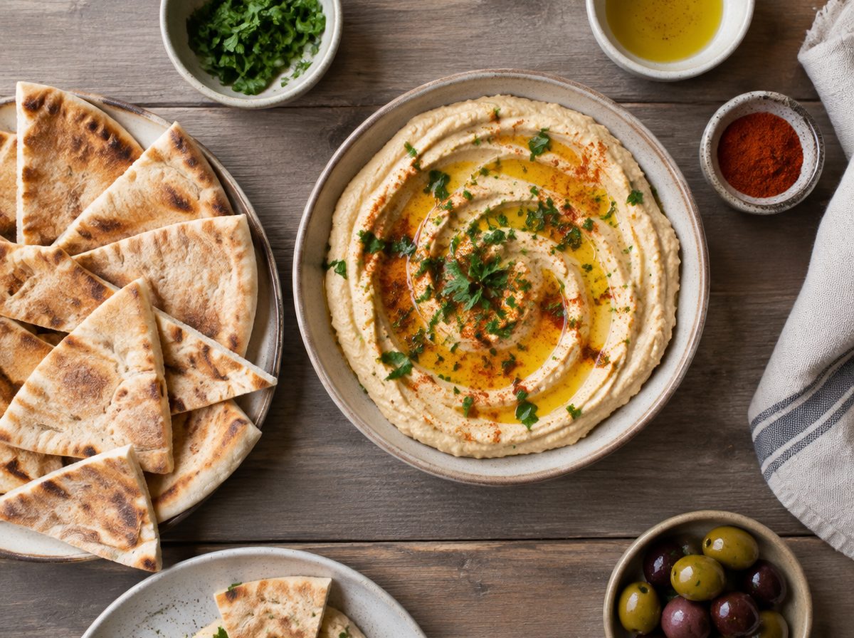 Overhead photo of Silky Hummus & Warm Pita with Olive Oil & Warm Pita