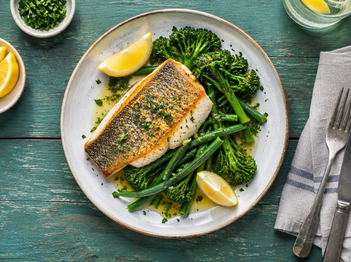 Overhead photo of Lemon-Butter Grilled Barramundi with Lemon-Garlic Butter & Greens