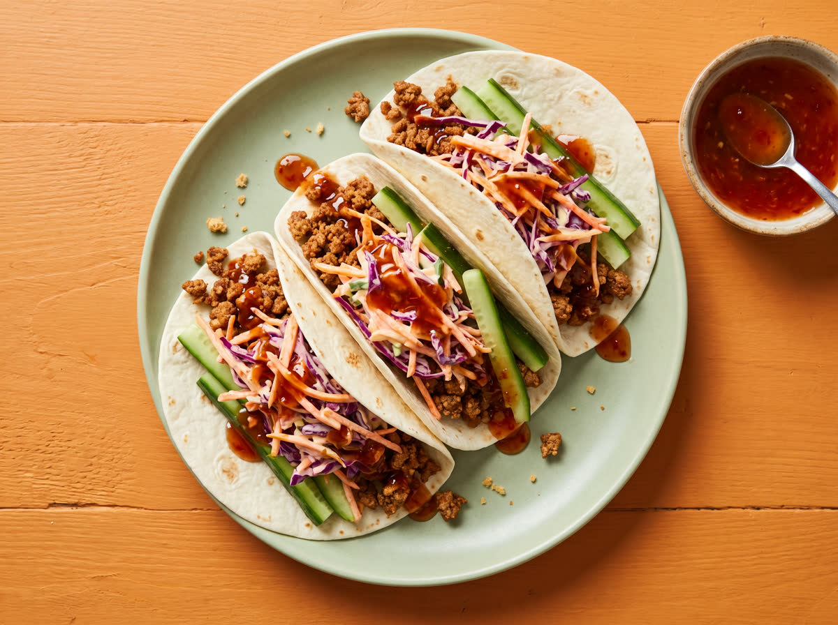 Overhead photo of Malaysian-spiced pork tacos with creamy slaw and sweet chilli sauce