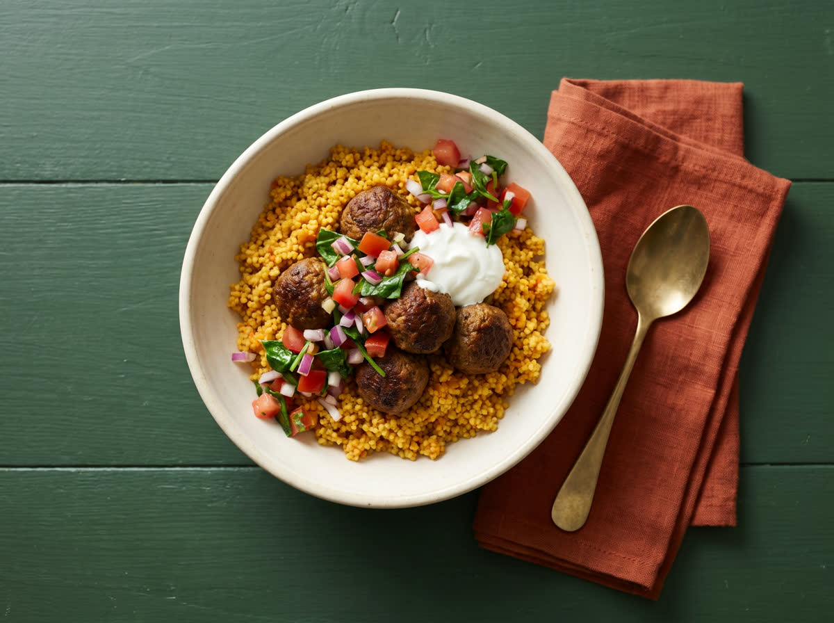 Overhead photo of Middle Eastern spiced beef meatballs over carrot couscous with yoghurt and salsa