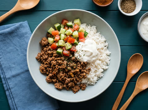 Middle Eastern beef rice bowl with salsa and yoghurt