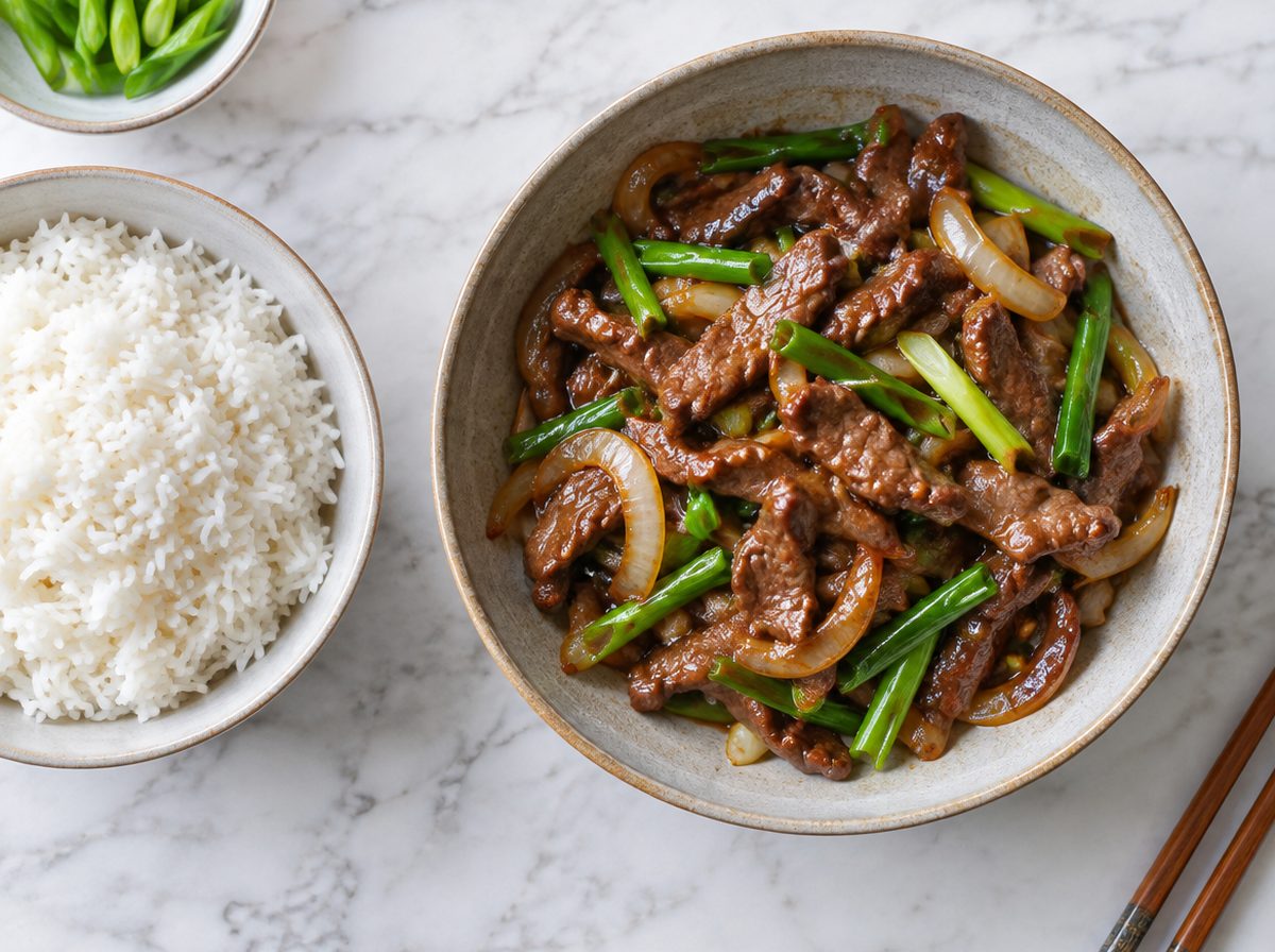 Overhead photo of Mongolian Lamb with Steamed Rice