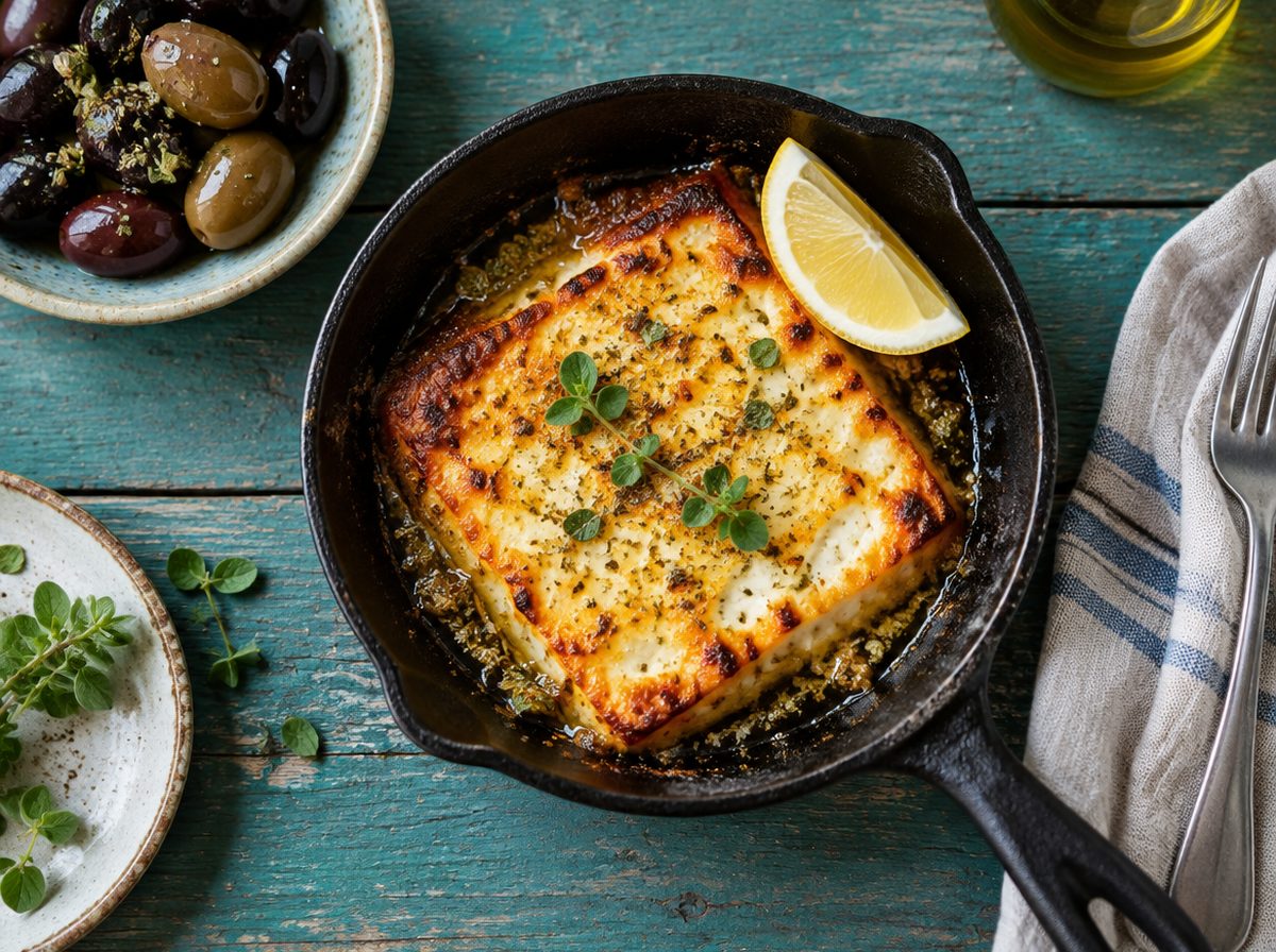 Overhead photo of Pan-Fried Saganaki with Lemon & Oregano