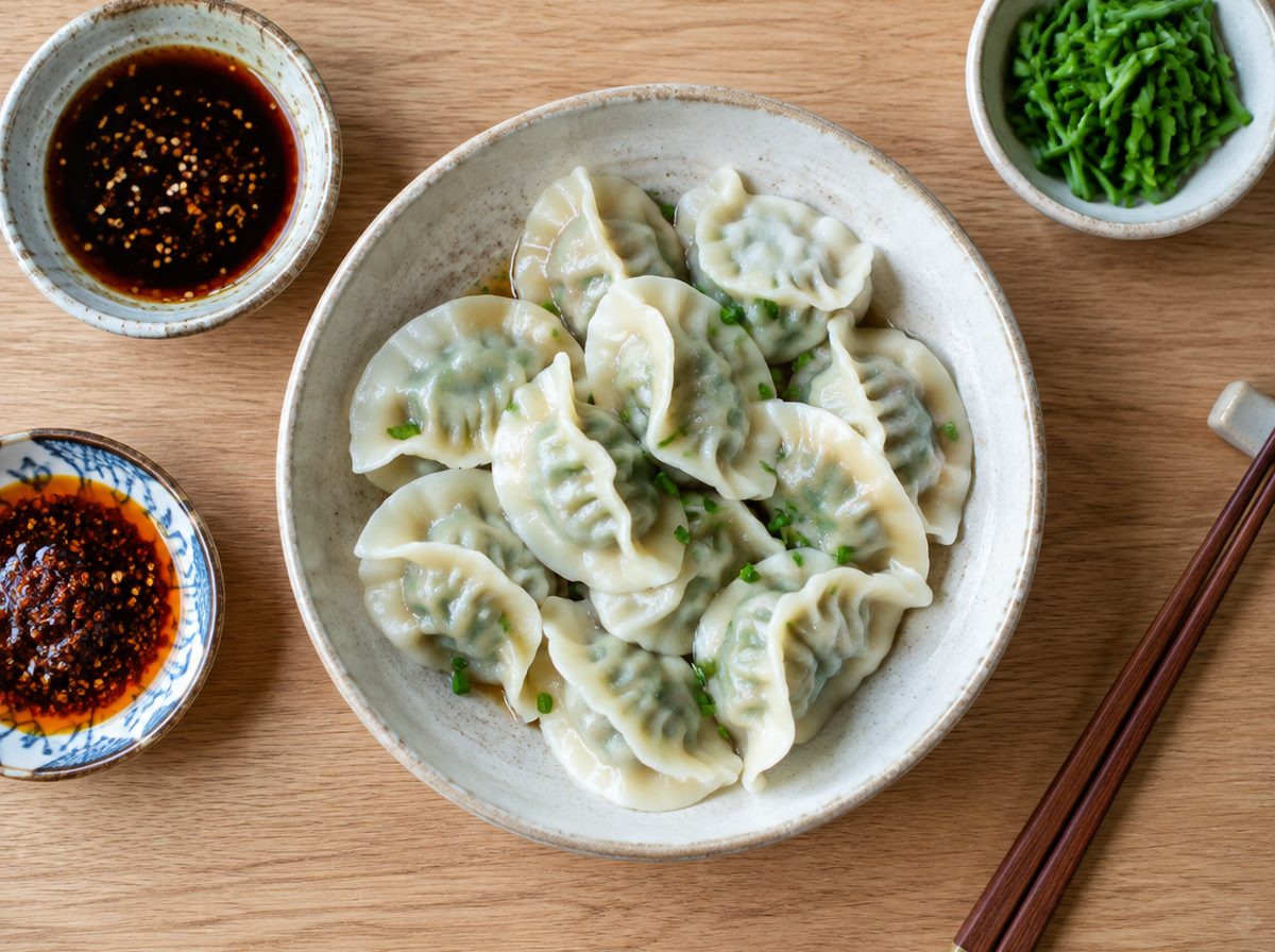Overhead photo of Pork & Chive Dumplings with a Soy & Black Vinegar Dip
