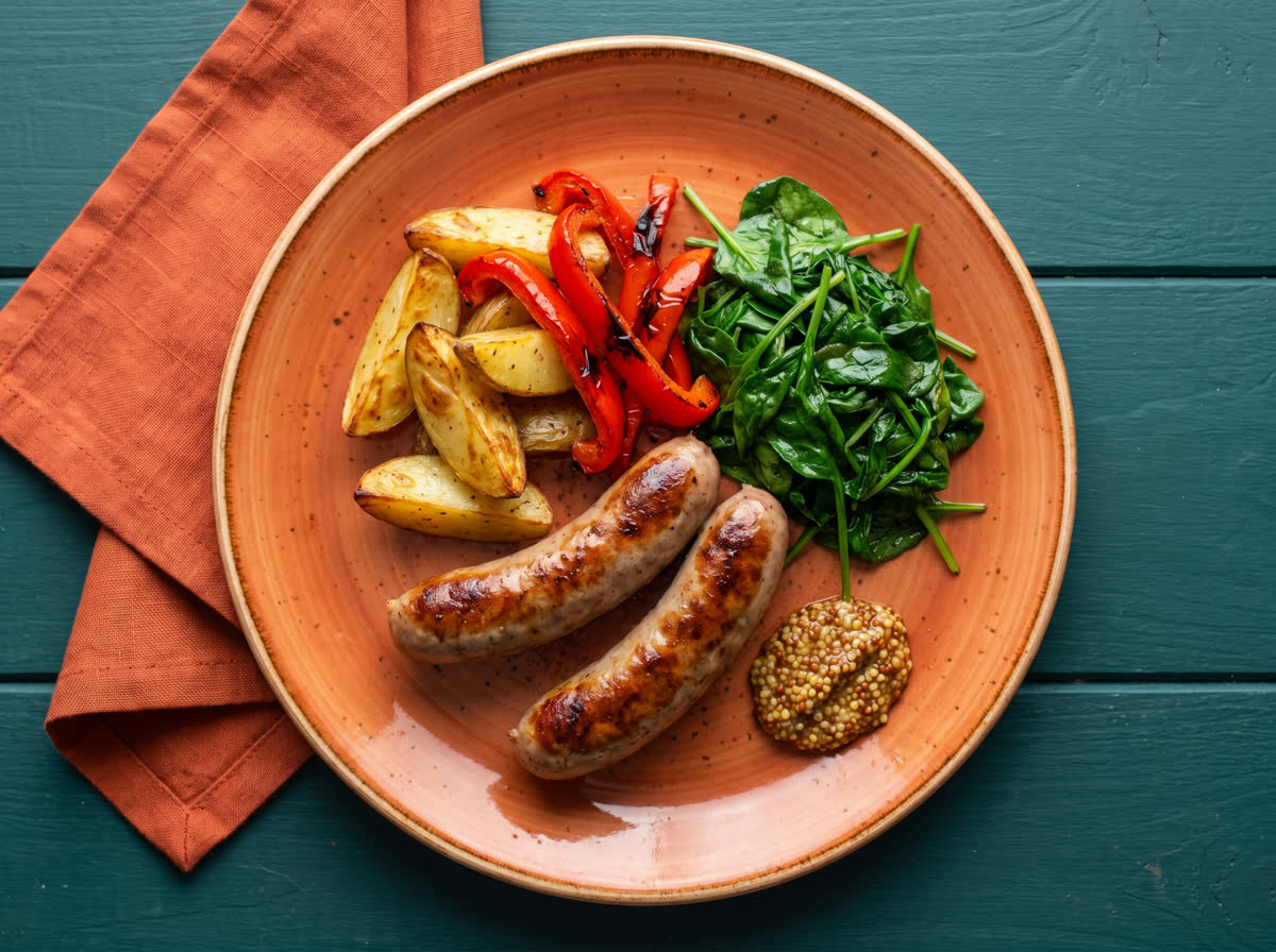 Overhead photo of a one-tray pork sausage bake with roast potato, capsicum and wilted spinach