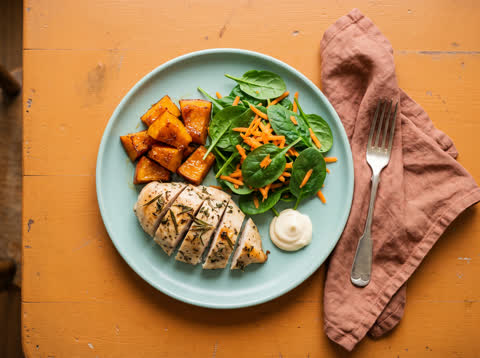 Roast-style chicken and pumpkin with garden salad