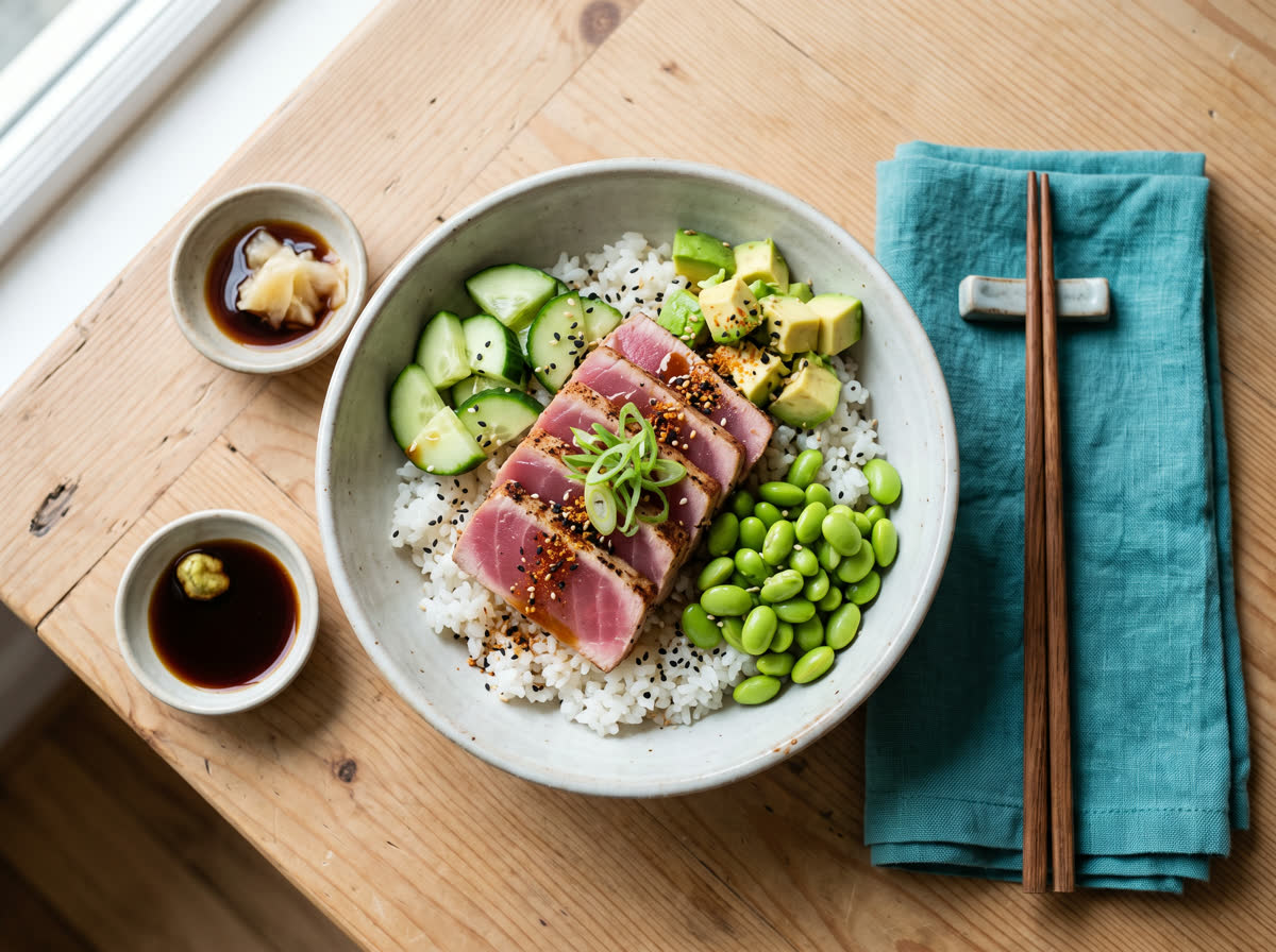 Overhead photo of seared tuna poke-style rice bowl with cucumber, avocado and edamame
