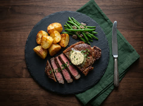 Sirloin steak with truffle butter, roast potatoes and greens