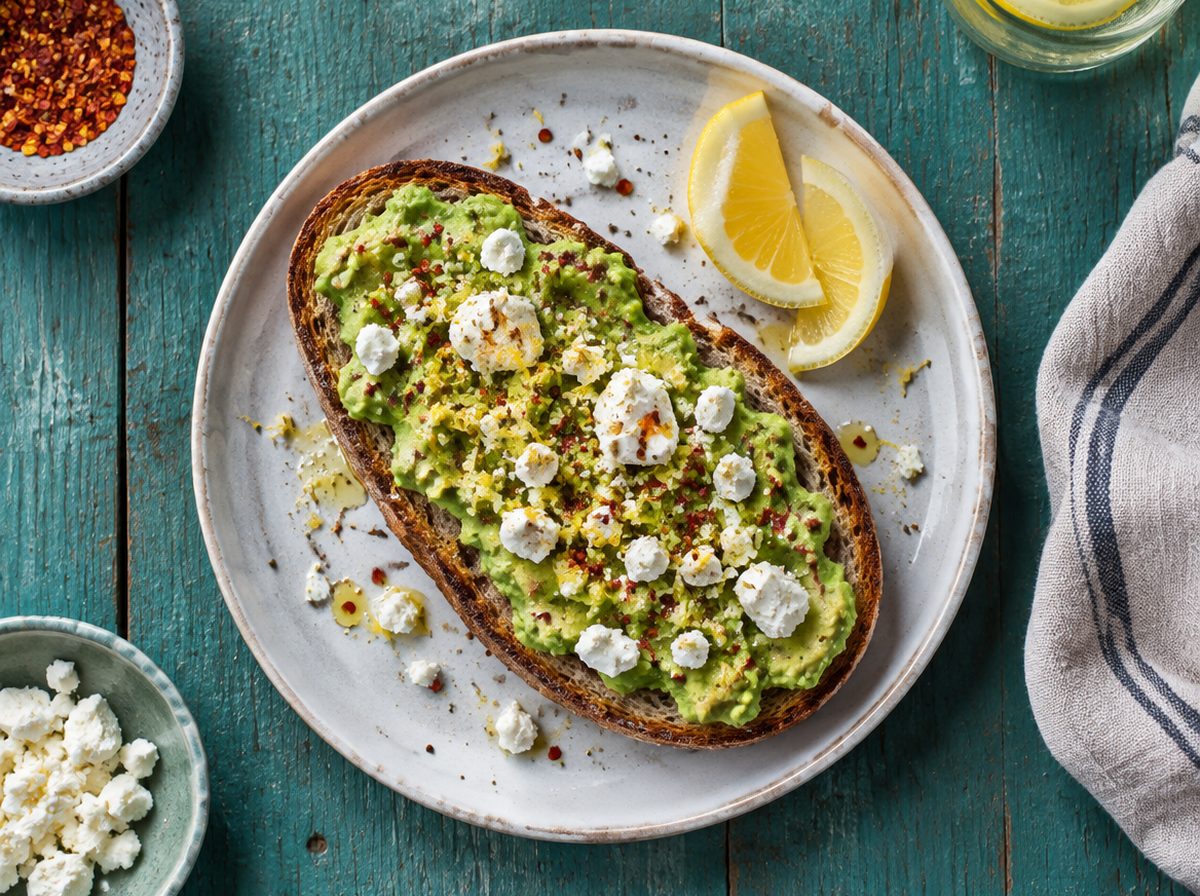 Overhead photo of Smashed Avo with Feta, Chilli & Lemon