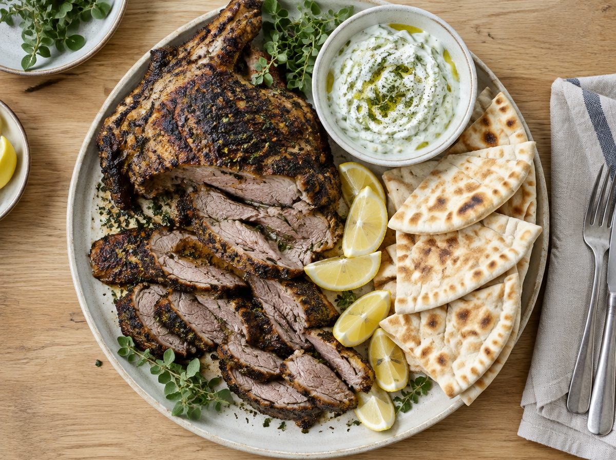 Overhead photo of Greek-Style Spit-Roast Lamb with Lemon, Garlic & Oregano