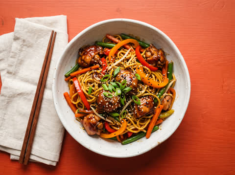 Sweet soy chicken and egg noodle stir-fry