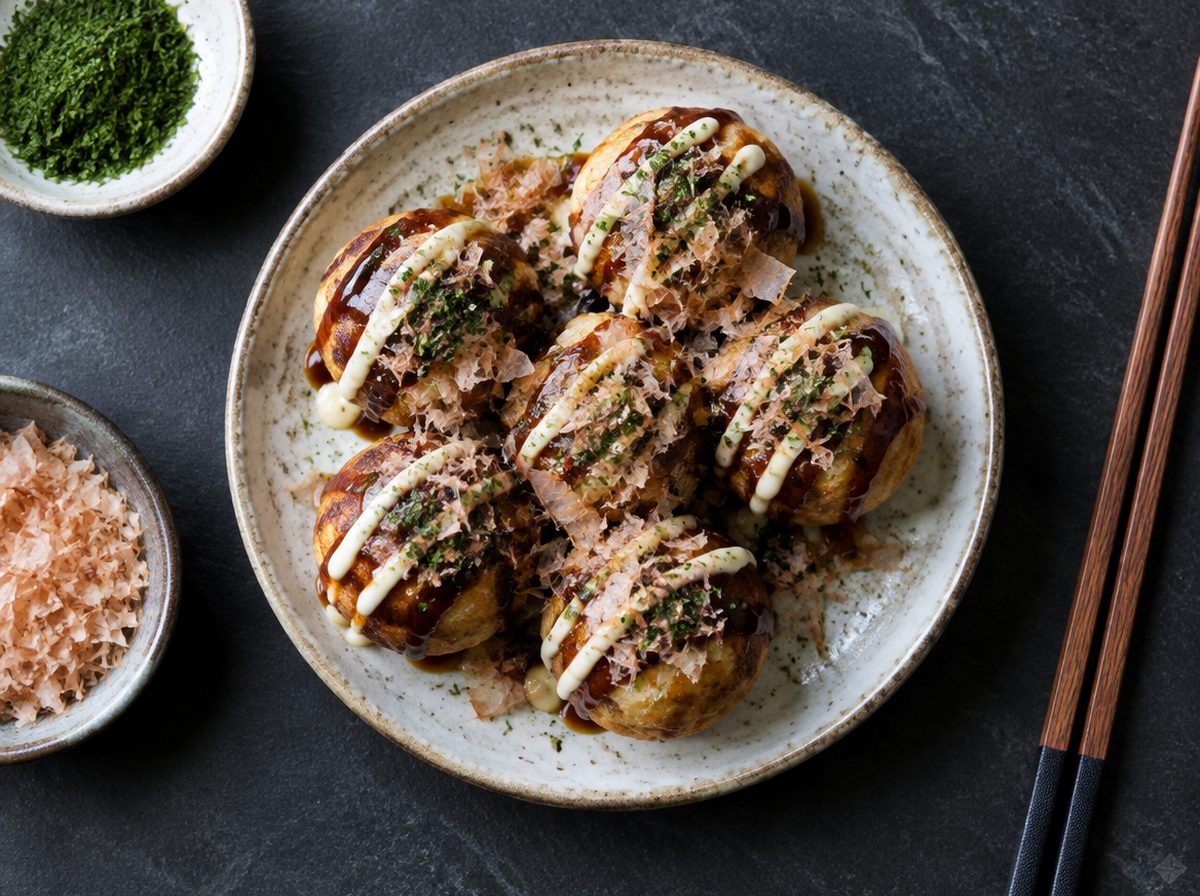 Overhead photo of Takoyaki with Sauce, Mayo & Bonito