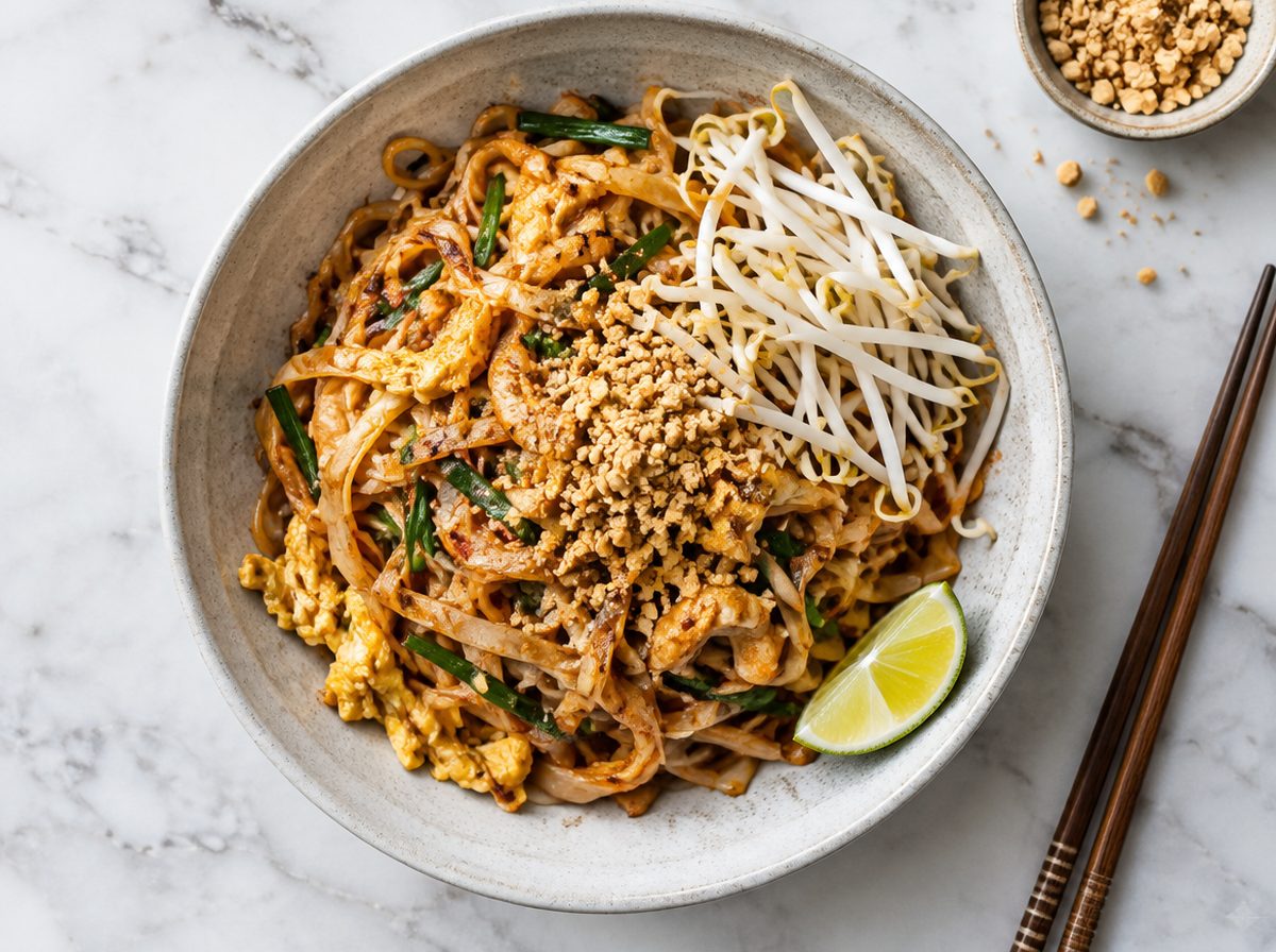 Overhead photo of Tamarind Pad Thai with Peanuts, Bean Sprouts & Lime