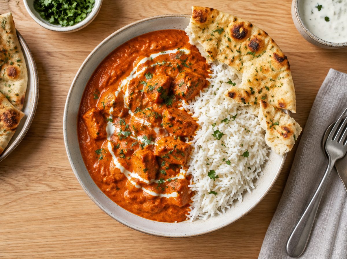 Overhead photo of Weeknight Butter Chicken with Basmati Rice & Naan