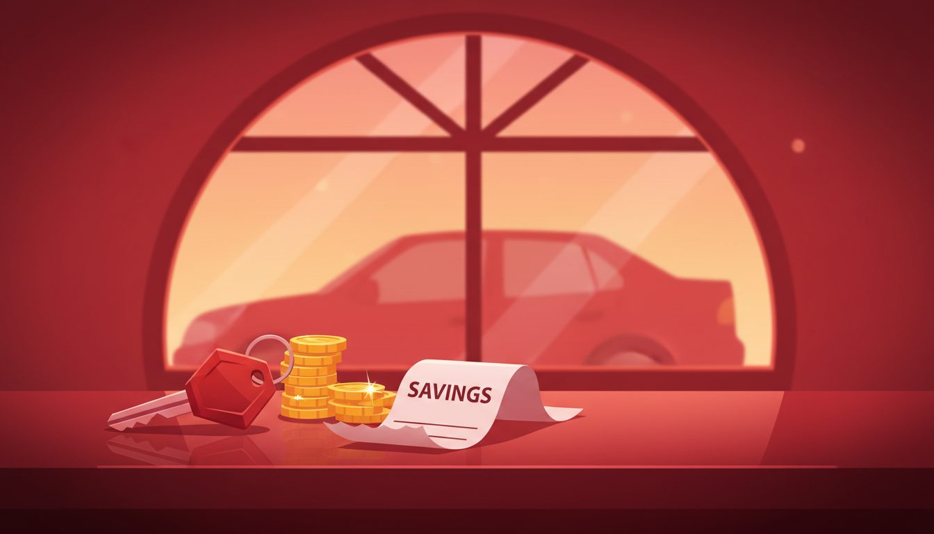 NeverHire key art — car keys, a SAVINGS receipt and coins on a rental desk